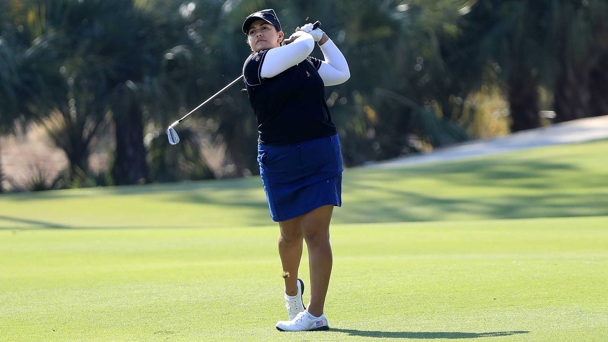 Lizette Salas plays her shot on the second hole during the third round of the CME Group Tour Championship