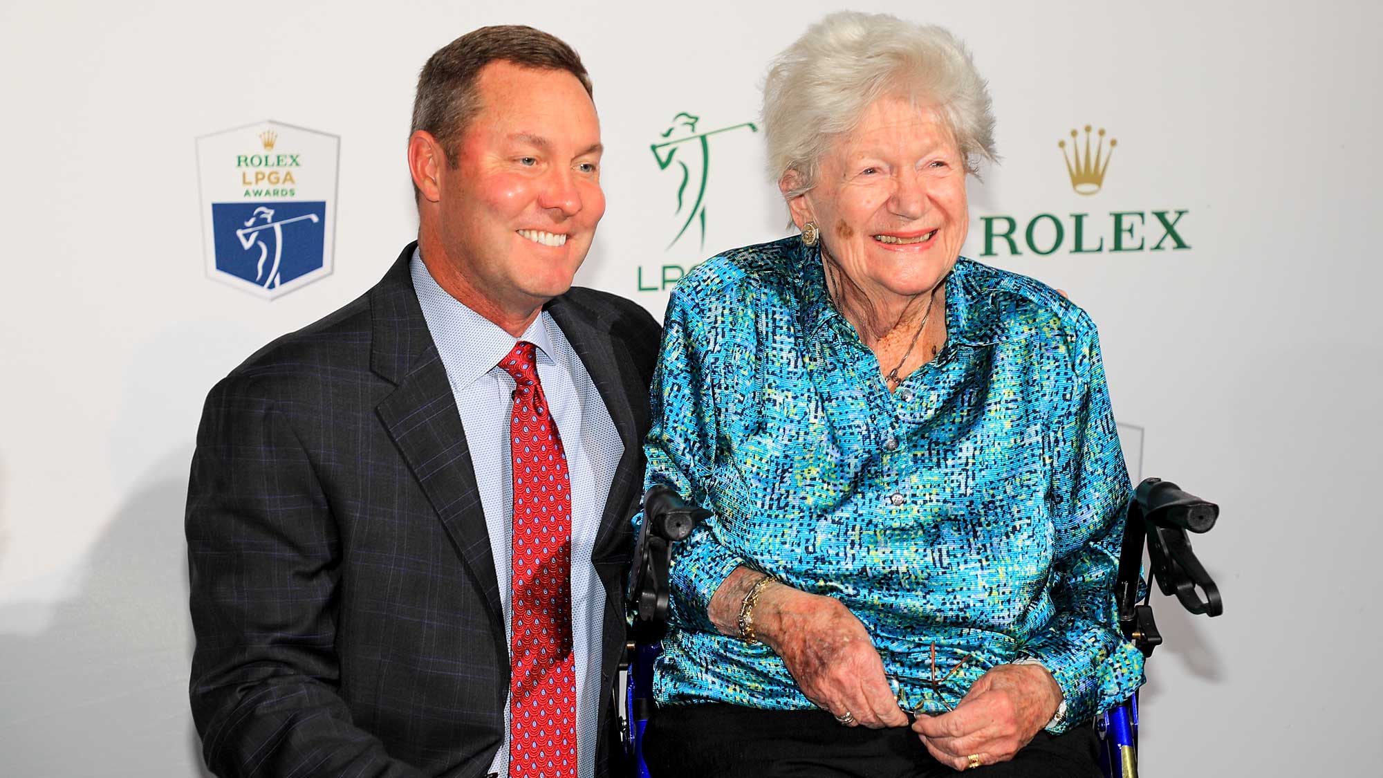 Commissioner Michael Whan (left) poses for a photo with LPGA co-founder Marilynn Smith on the green carpet during the LPGA Rolex Players Awards at the Ritz-Carlton Golf Resort